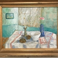 'Bonnard's breakfast table' still life, acrylic on canvas. Gilt wood frame.