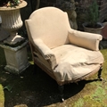 French vintage chair with a lyre shaped back, black turned legs and original castors on the front legs. C1900. Ready to be upholstered and sold at a very good sale price! (£150.00)